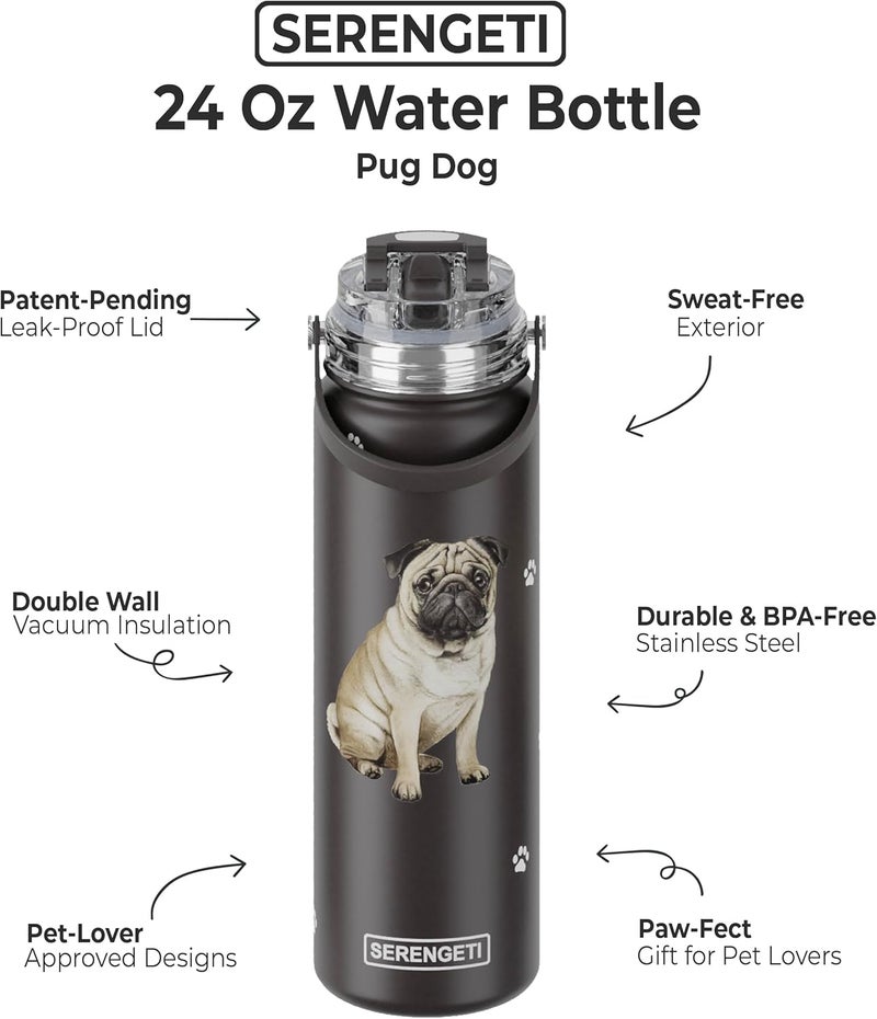 ES Pets SERENGETI 24 Oz Water Bottle Stainless Steel with Spill Proof Lid - Double walled Vacuum Insulated water flask - Realistic 3D Print of your favorite dog (Pug) - Image 1